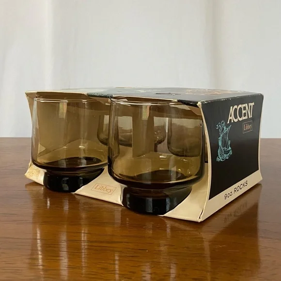 {SOLD} NIB Set mid-century modern smoky rock glasses by Libbey Co - Picture 7 of 12